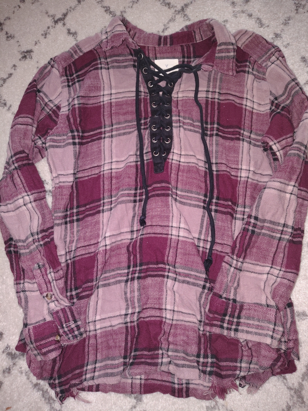 American Eagle Outfitters Pink and Burgundy Lace-Up Plaid Long Sleeve Tee